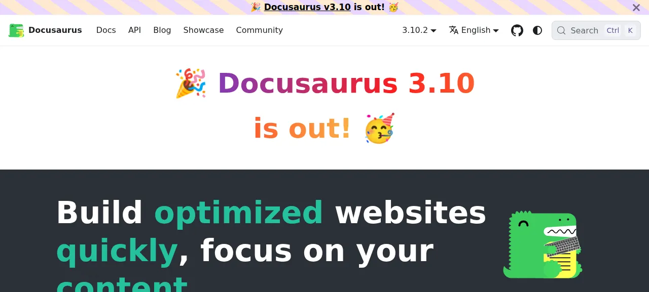 The Docusaurus website home page, built from its own repository