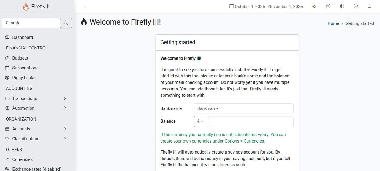 The Firefly III Getting started form after the first sign-in
