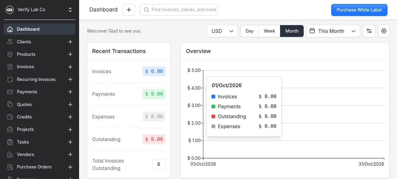 The Invoice Ninja dashboard for the company Verify Lab Co after signing in