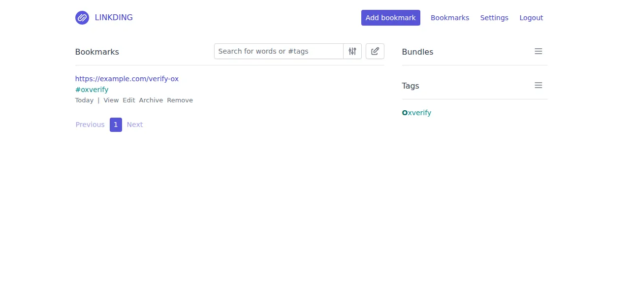The linkding bookmarks page with a new bookmark tagged oxverify
