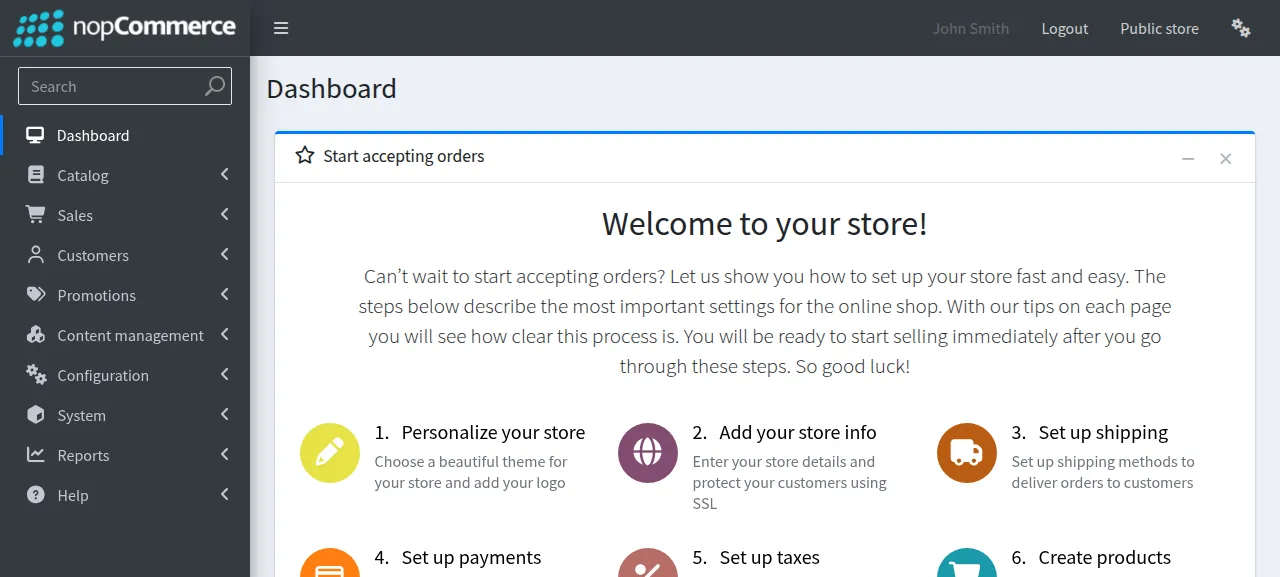 The nopCommerce admin dashboard after signing in
