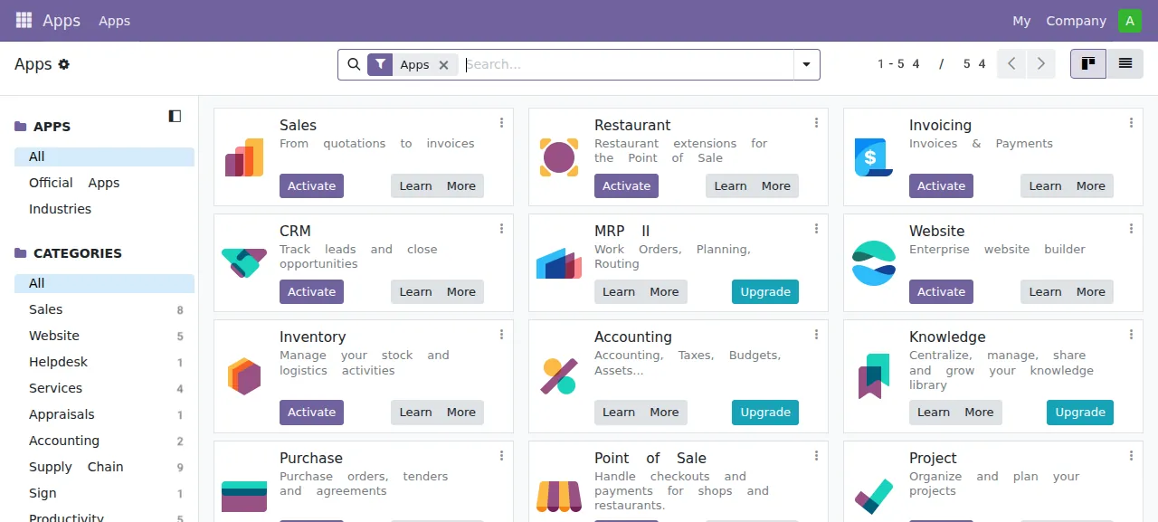 The Odoo Apps page after signing in
