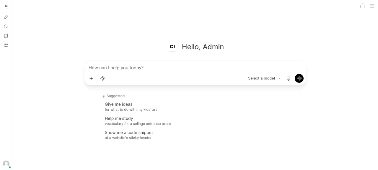 The Open WebUI chat home after signing in as the admin