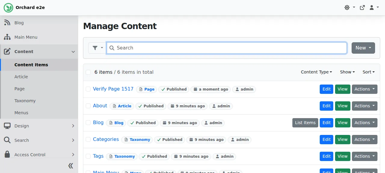 Manage Content listing the new published page